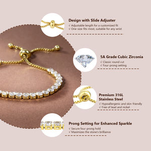 2-5mm Adjustable Tennis 5A Cubic Zirconia CZ Diamond Women Men Jewelry Gift 14K Gold Plated Stainless Steel <b>Slider</b> <b>Bracelet</b> - Product Image 2