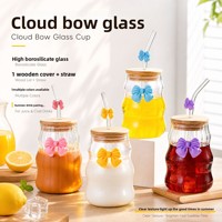 ESTICK Creative Bow Cloud Verre Borosilicate Haute Qualité Style Moderne et Simple Tasse à Café et à Jus avec Couvercle pour Paille Résistance aux Hautes Températures