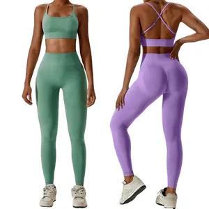 Ensemble de leggings en nylon avec soutiens-gorge et leggings sans couture pour femmes, tenues de gym et de yoga, vêtements de fitness, 2 pièces
