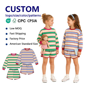 Conjunto de Sudadera para Niñas con Rayas Horizontales, Manga Larga, Cuello Redondo, Pantalones Cortos con Cordón y Diseño Personalizado - Product Image 1