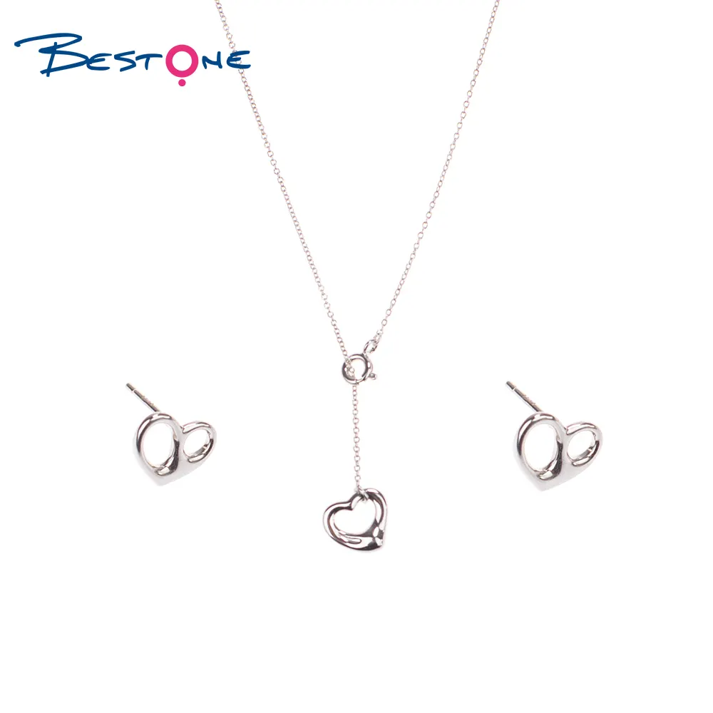Bestone Custom Shiny Diamond Love Pendant Luxury Chain Necklace Earrings Fashion 925 Sterling Silver Heart Jewelry Set