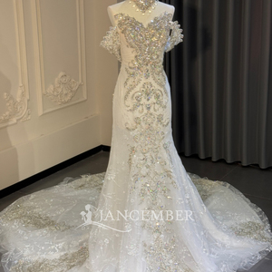 Robe de mariée sirène élégante blanche à col montant, ornée de cristaux argentés et de perles, avec manches bouffantes surdimensionnées, modèle Xs323 Jancember - Product Image 6