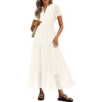 Robe longue à œillets pour femme 100% coton, manches courtes, col en V, taille smockée à volants, broderie ajourée, robe de plage pour les vacances