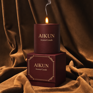 เทียนหอมกลิ่นเบอร์กันดีทรงกลมยี่ห้อ Aikun แบบไส้เดียว บรรจุในกล่องของขวัญแข็งแรง พร้อมฉลากสั่งทำได้ รับผลิตแบบ OEM ODM สำหรับของขวัญวันหยุด - Product Image 1