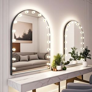 Black LED Vanity <b>Mirror</b> Table Makeup <b>Desk</b> Arched Hollywood Style Dressing Table with Drawers for Bedroom Salon - Product Image 5