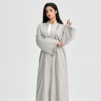 Abaya plissée doublée effet lin LM110 avec poches, robe modeste à devant ouvert pour femmes musulmanes