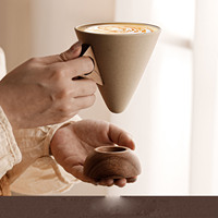 Tasse à café cappuccino personnalisée en grès de 250 ml avec soucoupe, en forme d'entonnoir, réutilisable, pour expresso, lait, thé, en céramique avec base en bois