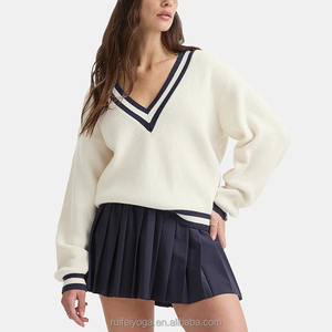 OEM Custom Design Winter Contrast Stripe <strong>Cricket</strong> <strong>Jumper</strong> Oversized <strong>Women</strong> V Neck Knitted Sweaters - Product Image 1