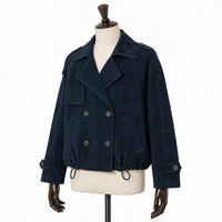 Chaqueta de mujer de gamuza genuina azul marino, con un solo botón, informal, corta, cortavientos, con forro de poliéster, epaulettes y dobladillo con cordón.