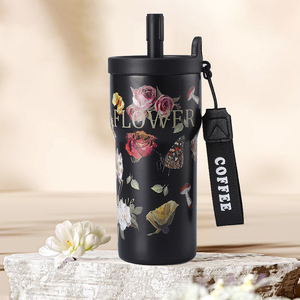 600ml Floral Print Travel Coffee Cup Stainless Steel Vacuum Insulated <b>Tumbler</b> <b>With</b> <b>Straw</b> Lanyard Wide Mouth Portable Water Mug - Product Image 3