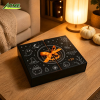 Boîte de calendrier de l'avent d'Halloween en noir mat de luxe avec fermeture magnétique, ruban orange, 24 compartiments, emballage cadeau surprise