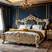 Maßgefertigtes Barock-Stil Doppelbett mit Schwerem Relief, Blattgold, Smaragdgrünem Polster und Geschnitztem Fußteil für Hotelsuiten
