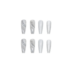 Ongles à presser de luxe longs et brillants effet marbre gris et blanc, 24 pièces, avec colle - Product Image 4