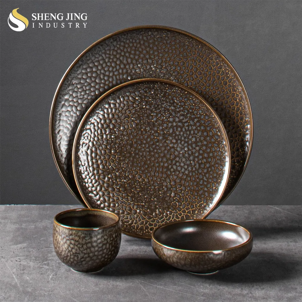 Nuovo Set di stoviglie in ceramica marrone glassa in porcellana Western 4 pz Set di stoviglie per ristorante Japandi
