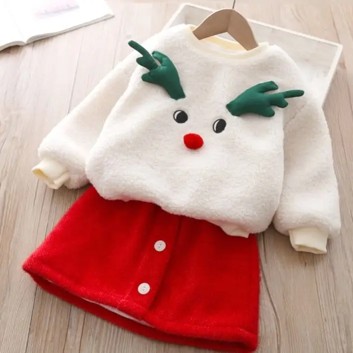 2022 Christmas Elk Autumn Winter Fashion Design Two Piece Kids Knit Set Mini red Skirt And long Sleeve Top Set For Little Girls