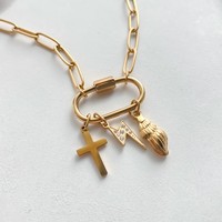 Kalung Liontin Salib Sayap Mata Jahat Nomor 2 Berlapis Emas eManco dari Baja Anti Karat, Perhiasan Kristal Lepas Pasang DIY