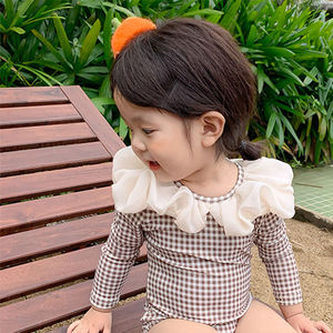 Cute Baby INS Plaid Traje de baño de una pieza para niñas con encaje Patrón de <span class=keywords><strong>mar</strong></span> territorial Diseño a rayas para niños - Product Image 1