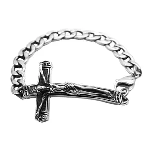 Vintage Christian Religious Stainless Steel Chain Jesus Cross Crucifix Men's Punk Bracelet