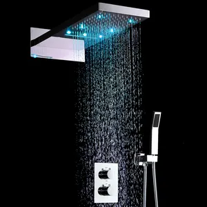 广州厂家价格豪华黑色恒温Led雨水淋浴浴室不锈钢壁挂式瀑布淋浴