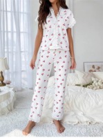 Ensemble de pyjama pour femmes à imprimé cerises, avec bordure en dentelle, haut à manches courtes boutonné et pantalon long, vêtements de nuit, vente en gros, personnalisable