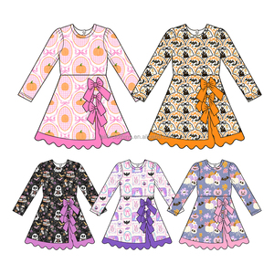 Robe d'Halloween personnalisée pour filles, manches longues, en tissu yoga, imprimé fantôme et citrouille, double nœud latéral, ourlet festonné - Product Image 4