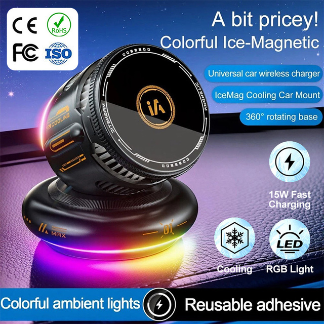 D3 15W Magnetic Car Phone Stand Wireless Charger with TEC + Fan Cooling 360° Rotation Cool RGB Lights Fast Charging Phone Dock