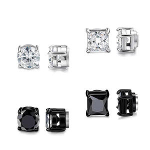 <b>Magnetic</b> Clip-On <b>Earrings</b> <b>For</b> <b>Men</b> Black Silver Square Round Zircon Geometric Titanium Steel Minimalist Trendy Fashion Jewelry - Product Image 3
