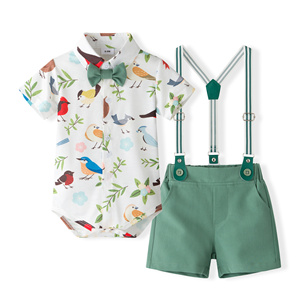 Catpapa Vente en gros Ensemble 3 pièces pour bébé : Barboteuse, short à bretelles et nœud papillon, tenue de cérémonie pour baptême - Product Image 1