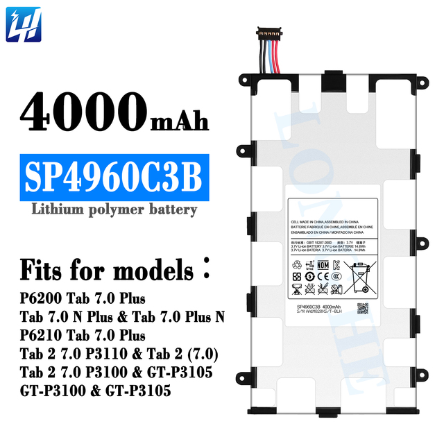 Battery for Samsung Galaxy Tab 2 7.0 Battery Replacement SP4960C3B P6200 P6210 P3100 P3105 4000mAh