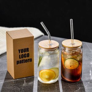 Vaso de cóctel personalizado con logo de 16 oz, tazas de café helado, vasos con forma de cerveza, vasos de vidrio de 16 oz con tapas de bambú y pajita - Product Image 1