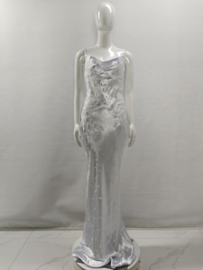 A8824 Estilos de moda Correa de espagueti Mujeres Vestido de novia largo con cuentas Satén Blanco Señoras Vestido de fiesta de cóctel - Product Image 5