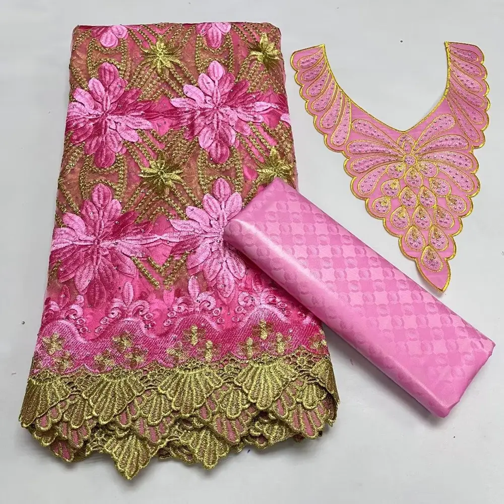 ChenLee गुलाबी फीता tissu 2.5 गज की दूरी पर और कपास bazin कढ़ाई फीता कॉलर कपड़े सेट