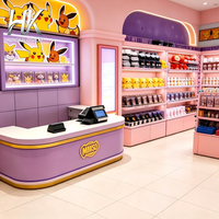 Comptoir de caisse incurvé personnalisé violet, étagères murales roses, boîte lumineuse, niche, base, tiroirs, écologique, durable pour le commerce de détail