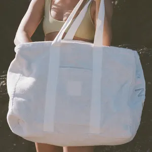 Özel boyutta Logo ekstra büyük kadın yaz bej havlu Terry Tote omuz plaj çantası