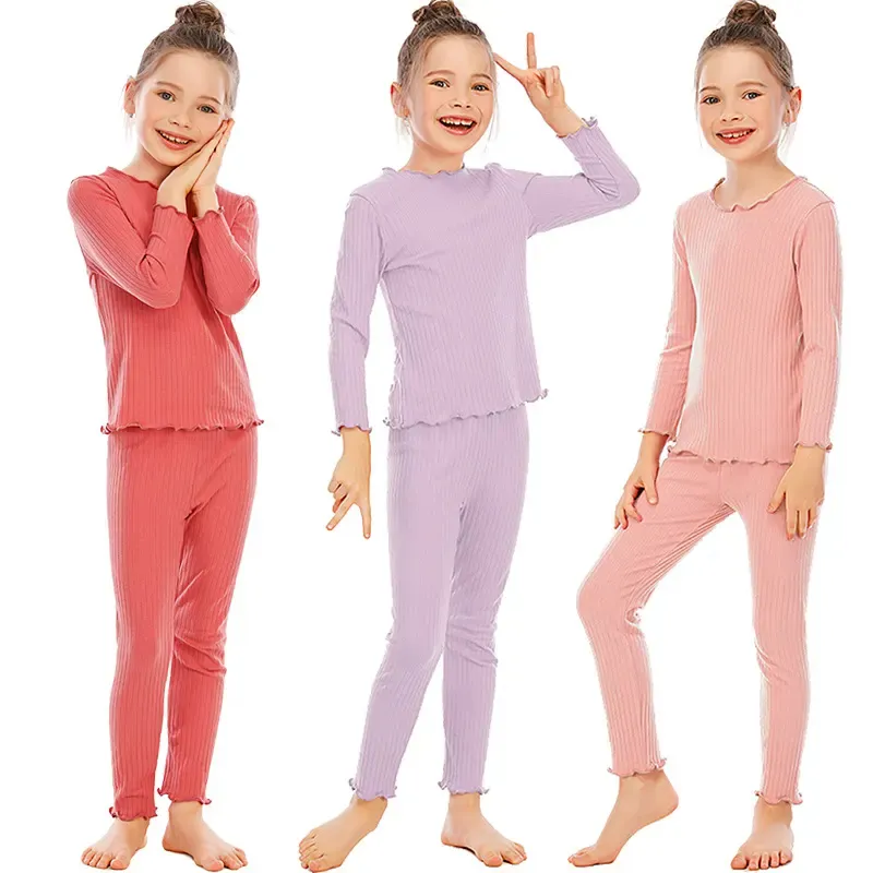 Pyjama côtelé froncé pour garçons et filles Ensemble deux pièces Vêtements de nuit en coton pour enfants Vêtements d'intérieur pour adolescents