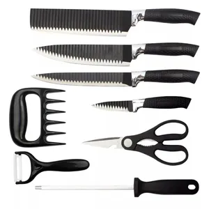 Non-stick coating 8pcs kitchen knives scissors raised grain blade pp silvery handle kitchen knife set with sharpener