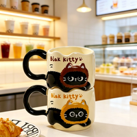 Mug à café réutilisable en céramique de grès, motif chat noir de dessin animé mignon, 300 ml, avec anse, pour usage domestique, sans danger pour les aliments
