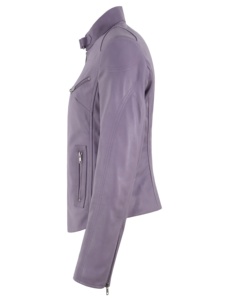 Chaqueta de Mujer Personalizada 100% Cuero Genuino Nappa con Costuras en Contraste Lavanda, Costuras Negras y Naranjas, Herrajes YKK, Venta al por Mayor OEM, Moderna - Product Image 3