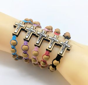 LC202512104 도매 목재 합금 예수 십자가 팔찌 구슬 짠 끈 여성 남성 기독교 종교 묵주 팔찌 - Product Image 1