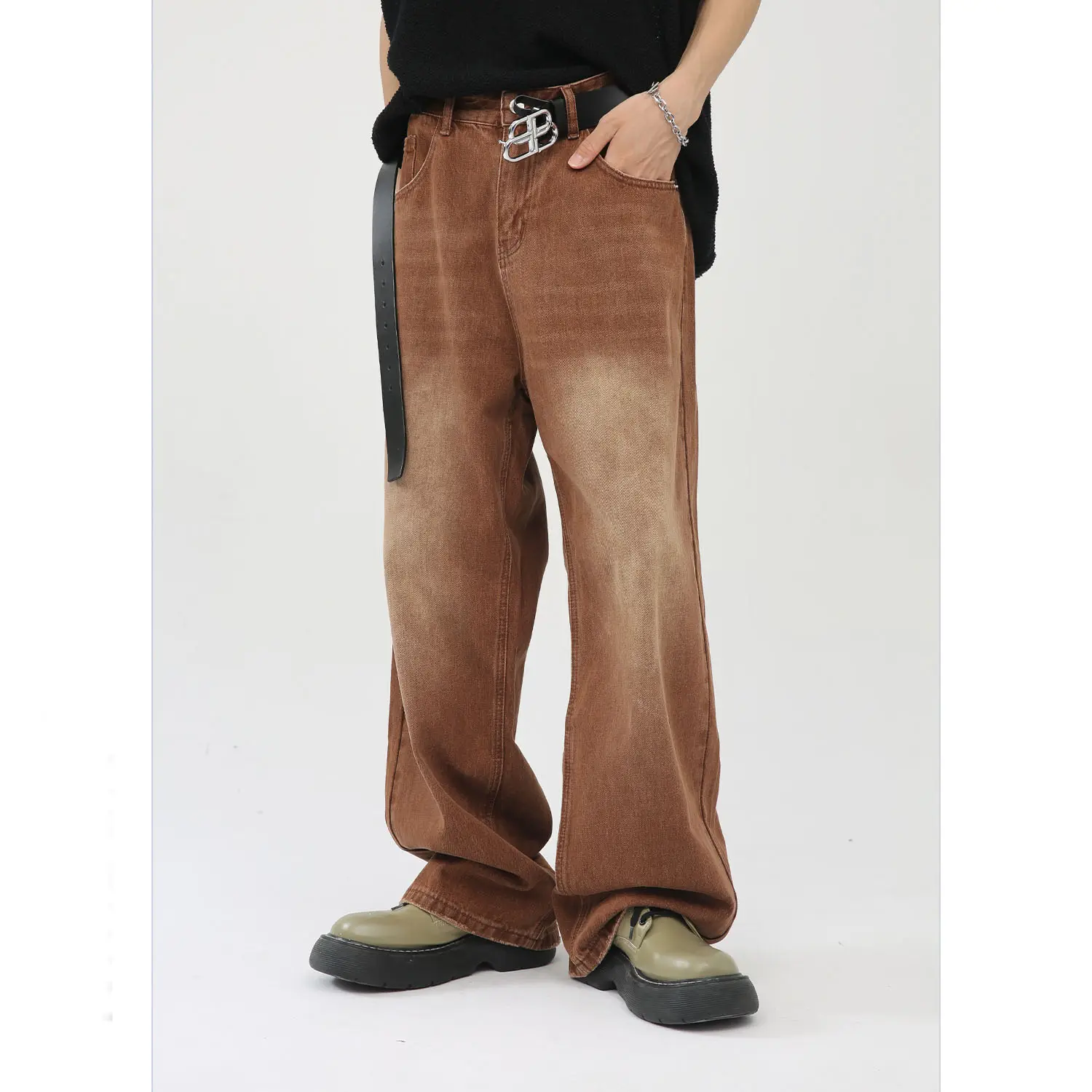 Deep Wash Monkey Straight Pants Lose Jeans-Jungen hose Retro Brown Red Washed Cotton Men Jeans