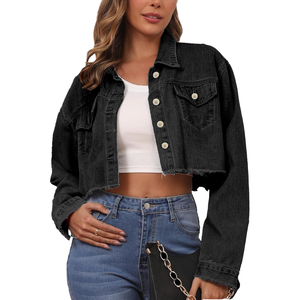 Women's <b>Cropped</b> <b>Denim</b> <b>Jacket</b> Full Sleeve Turn-down Collar Solid Color Frayed Hem Trucker Style Spring Wear - Product Image 2