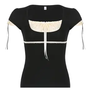 Abbigliamento y2k da donna 2022 primavera stile da ragazza dolce pizzo cuciture fiocco colletto quadrato vita alta manica corta T Shirt top