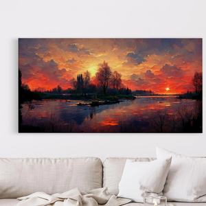 Peinture à l'huile Coucher de soleil sur lac sur toile, prête à accrocher, encadrée style galerie, thème nature et vie lacustre, pour la maison et les collections - Product Image 6