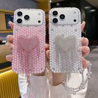 Étui de téléphone de luxe avec perles, strass et pompon, avec cordon, pour iPhone 17 Pro Max 16 Pro Max, coque de protection mignonne en forme de cœur et diamant pour fille