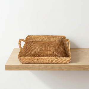 Bandeja de Almacenamiento Cuadrada Estilo Bohemio, la Más Vendida en Indonesia, con Asas, de un Solo Nivel, Color Marrón Natural, para Cocina, Sala de Estar o Escritorio - Product Image 1