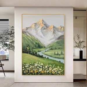 Pintura al Óleo Pintada a Mano, Paisaje de Montañas Cubiertas de Nieve, Marco de Madera 100% Hecho a Mano, Decoración Moderna y Minimalista para Sala de Estar - Product Image 1