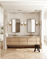Meuble-lavabo double mural contemporain en bois massif avec vasque en marbre intégrée pour salle de bain