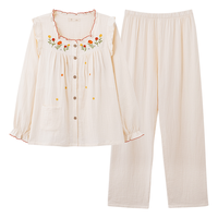 Ensemble de pyjama en coton nuage pour femmes, vêtements de nuit respirants à imprimé floral avec bordure à volants, ensemble de salon printemps-automne 2 pièces