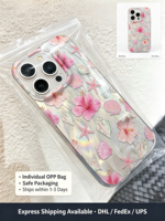 Coque TPU scintillante motif étoiles de mer et coquillages d'hibiscus rose estival, Housse souple antichoc pour iPhone 17 16 15 14 13 Pro Max