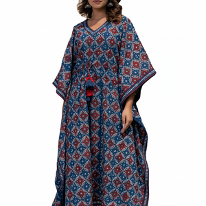 Elegante caftán de algodón con estampado rojo y azul para mujer, vestidos largos de playa de verano, método de tejido Midi suelto Maxi hasta el suelo - Product Image 1